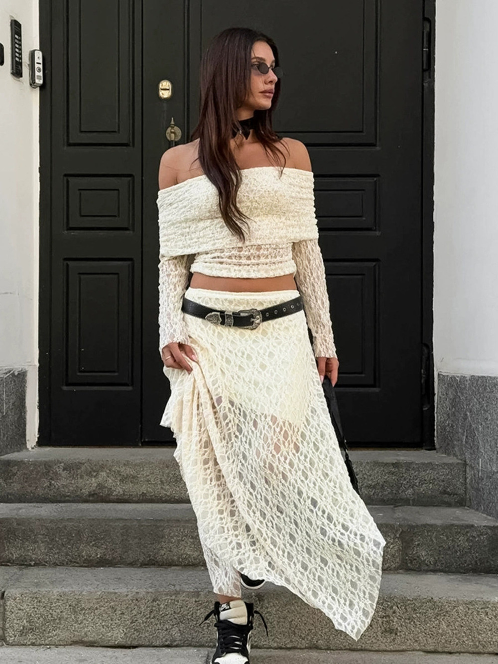 Forever 21 Apricot Lace Off Shoulder Top Maxi Skirt Set Spring Sheer
